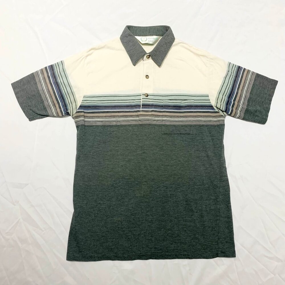 Vintage 80s Palmland Club Golf Polo Green Brown Blue Striped Shirt Front Pocket